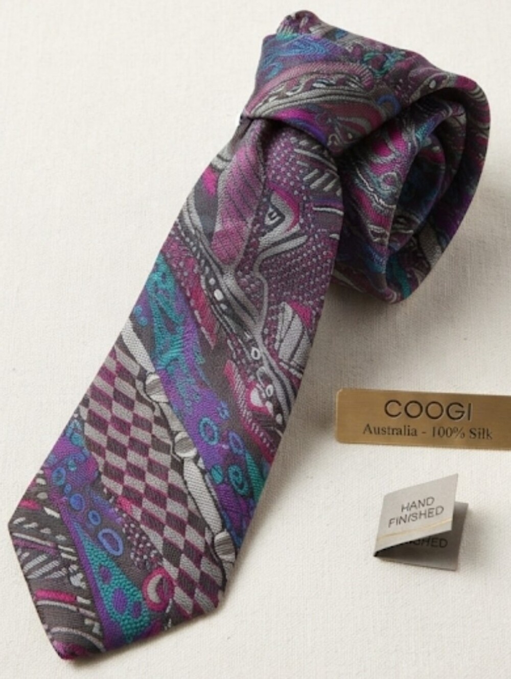 COOGI Australia mens green/purple hand 100% silk tie wide tie purple grey a